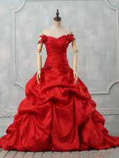 Red Off The Shoulder Neckline Pick Ups and Hand Made Flower Ball Gown Prom Dress Sleeveless Lace Up