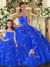 Dramatic Sweetheart Sleeveless Lace Up Ball Gown Prom Dress Blue Tulle