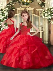 Red Tulle Lace Up Little Girls Pageant Dress Wholesale Sleeveless Floor Length Ruffles and Ruching
