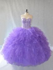 Stunning Lavender Sweetheart Neckline Beading and Ruffles and Sequins Quinceanera Gown Sleeveless Lace Up