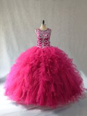 Hot Selling Hot Pink Tulle Lace Up Scoop Sleeveless Vestidos de Quinceanera Beading