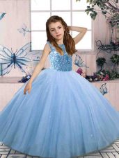 Blue Scoop Neckline Beading Child Pageant Dress Sleeveless Lace Up