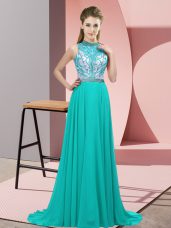 Dazzling Turquoise Halter Top Backless Beading Brush Train Sleeveless