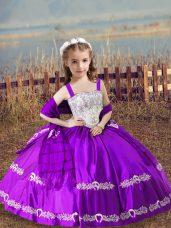 Sleeveless Satin Floor Length Lace Up Little Girls Pageant Dress Wholesale in Purple with Beading and Embroidery