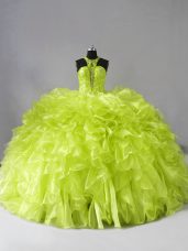 Yellow Green Organza Zipper Halter Top Sleeveless Quince Ball Gowns Brush Train Beading and Ruffles