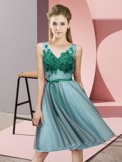 Knee Length Empire Sleeveless Aqua Blue Bridesmaid Dress Lace Up