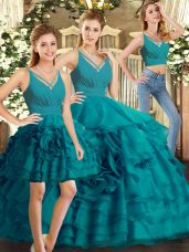 Hot Selling Ball Gowns Sweet 16 Dresses Teal V-neck Organza Sleeveless Floor Length Backless