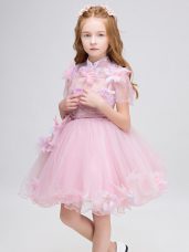 Baby Pink Short Sleeves Mini Length Appliques Zipper Flower Girl Dresses for Less