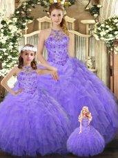 Dynamic Lavender Halter Top Neckline Beading and Ruffles Vestidos de Quinceanera Sleeveless Lace Up