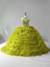 Traditional Olive Green Ball Gowns Halter Top Sleeveless Tulle Court Train Lace Up Beading and Pick Ups Quince Ball Gowns