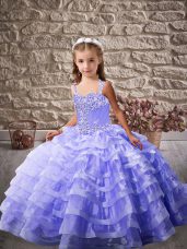 Custom Design Lavender Sleeveless Organza Lace Up Kids Formal Wear for Party and Sweet 16 and Wedding Party