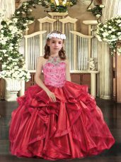 Classical Red Ball Gowns Beading and Ruffles Little Girl Pageant Gowns Lace Up Organza Sleeveless Floor Length