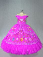 Low Price Fuchsia Lace Up Sweet 16 Quinceanera Dress Embroidery Sleeveless Floor Length