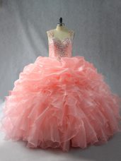 Peach Quinceanera Gowns Sweet 16 and Quinceanera with Beading and Ruffles and Pick Ups Straps Sleeveless Zipper