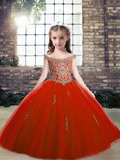 Floor Length Red Little Girl Pageant Gowns Off The Shoulder Sleeveless Lace Up