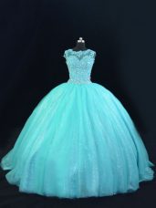 Low Price Aqua Blue Scoop Lace Up Beading and Lace Quinceanera Dresses Sleeveless