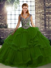 Green Quinceanera Dress Military Ball and Sweet 16 and Quinceanera with Beading and Ruffles Straps Sleeveless Lace Up