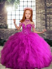 Floor Length Lace Up Little Girl Pageant Gowns Fuchsia for Party and Wedding Party with Beading and Ruffles