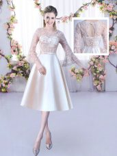 Tea Length Lace Up Quinceanera Court of Honor Dress Champagne for Wedding Party with Lace and Belt