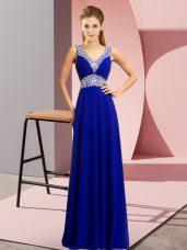 Blue Empire Beading Prom Party Dress Lace Up Chiffon Sleeveless Floor Length