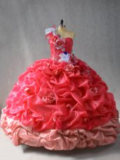Coral Red Vestidos de Quinceanera Sweet 16 and Quinceanera with Pick Ups and Hand Made Flower One Shoulder Sleeveless Lace Up