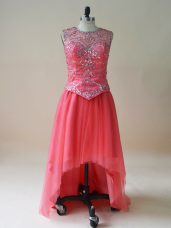 Coral Red Sleeveless Beading Evening Dress