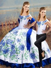 Luxury Two Pieces Quince Ball Gowns Blue And White Off The Shoulder Satin Sleeveless Floor Length Lace Up