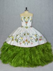 Sexy Olive Green Sweetheart Lace Up Embroidery and Ruffles Ball Gown Prom Dress Sleeveless