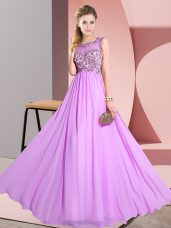 Glittering Scoop Sleeveless Vestidos de Damas Floor Length Beading and Appliques Lilac Chiffon