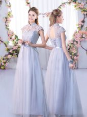 Beautiful Cap Sleeves Tulle Floor Length Lace Up Quinceanera Dama Dress in Grey with Lace