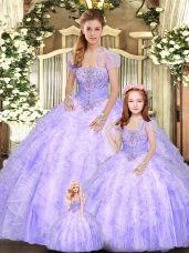 Lavender Lace Up Quinceanera Dress Beading and Appliques and Ruffles Sleeveless Floor Length