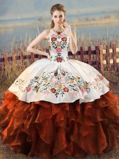 Custom Designed Halter Top Sleeveless Organza Ball Gown Prom Dress Embroidery and Ruffles Lace Up