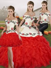 Fashionable Floor Length Three Pieces Sleeveless White And Red Quinceanera Dresses Lace Up