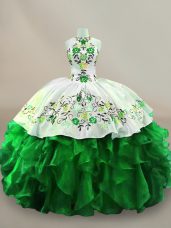 Modest Floor Length Lace Up Ball Gown Prom Dress Green for Sweet 16 and Quinceanera with Embroidery and Ruffles