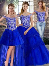 Inexpensive Off The Shoulder Sleeveless Ball Gown Prom Dress Brush Train Beading and Lace Royal Blue Tulle