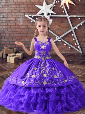 On Sale Lavender Straps Neckline Embroidery and Ruffled Layers Pageant Gowns For Girls Sleeveless Lace Up