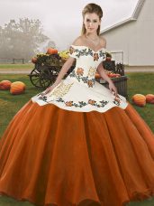 Best Rust Red Ball Gowns Organza Off The Shoulder Sleeveless Embroidery Floor Length Lace Up Sweet 16 Dresses