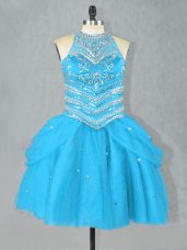Exceptional Aqua Blue Halter Top Neckline Beading Prom Party Dress Sleeveless Lace Up
