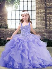 Luxurious Sleeveless Organza Floor Length Lace Up Little Girls Pageant Dress Wholesale in Lavender with Beading and Ruffles