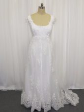 Glorious White Tulle Lace Up Scoop Cap Sleeves Wedding Gown Sweep Train Beading and Lace
