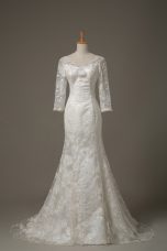 V-neck 3 4 Length Sleeve Lace Wedding Gown Lace and Hand Made Flower Brush Train Lace Up