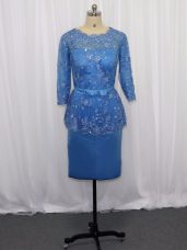 Mini Length Zipper Prom Evening Gown Blue for Prom and Party and Military Ball and Beach with Lace and Appliques
