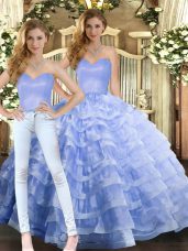 Glittering Lavender Ball Gown Prom Dress Military Ball and Sweet 16 and Quinceanera with Ruffled Layers Sweetheart Sleeveless Lace Up