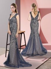 Modern Sweep Train Mermaid Dress for Prom Navy Blue V-neck Tulle Sleeveless Zipper