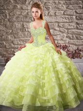 Yellow Green Ball Gowns Beading and Ruffled Layers Quinceanera Dress Lace Up Organza Sleeveless