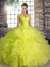 Custom Made Off The Shoulder Sleeveless Lace Up Sweet 16 Quinceanera Dress Yellow Green Organza
