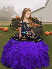 Lovely Purple Ball Gowns Organza Straps Sleeveless Embroidery and Ruffles Floor Length Lace Up Girls Pageant Dresses