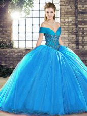 Pretty Blue Ball Gowns Beading Ball Gown Prom Dress Lace Up Organza Sleeveless