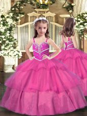 Lilac Tulle Lace Up Straps Sleeveless Floor Length Pageant Gowns Beading and Ruffled Layers