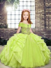 Amazing Floor Length Lace Up Child Pageant Dress Yellow Green for Party and Wedding Party with Beading and Ruffles